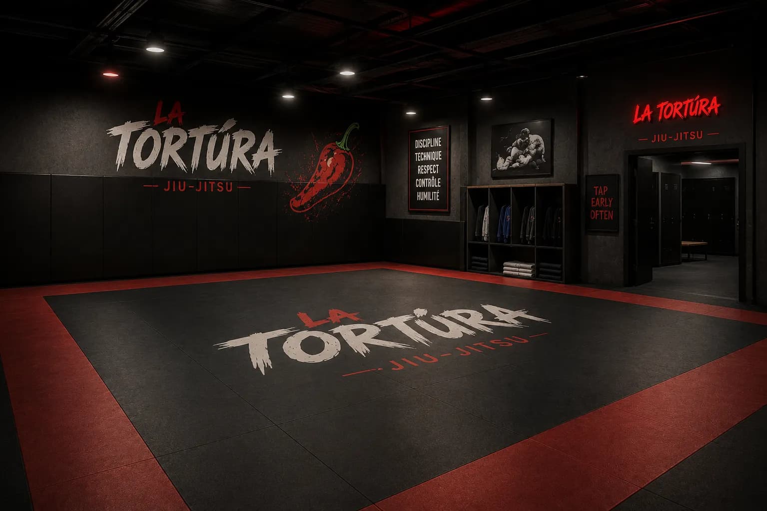 Le dojo de La Tortúra : tatami rouge et noir, branding Jiu-Jitsu au mur