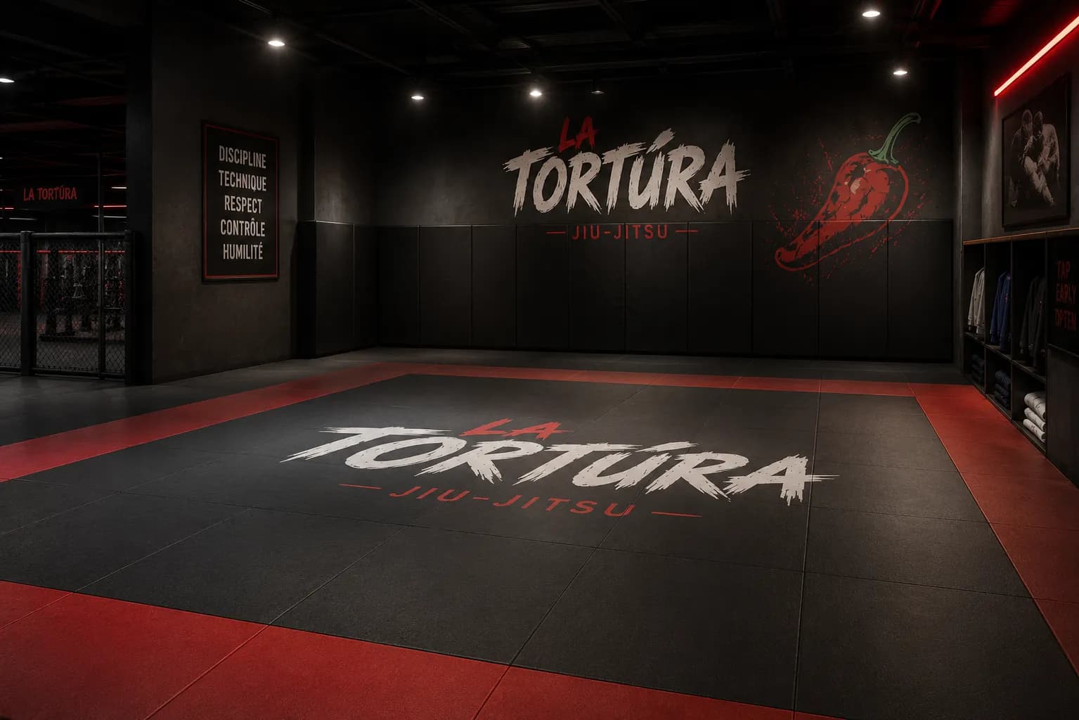 Le tatami du dojo La Tortúra avec le wordmark au sol